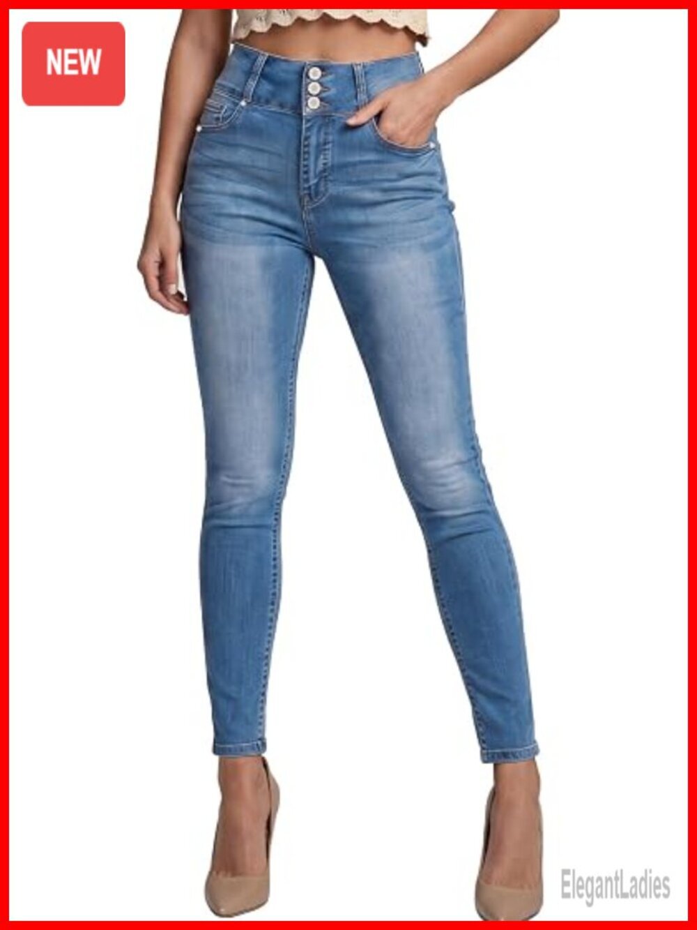 High Waist Skinny Jeans Stretchy Butt Lifting 3 Button Denim Trousers Slim Fit